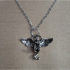 3D Cat angel with wings silver tone pendant necklace